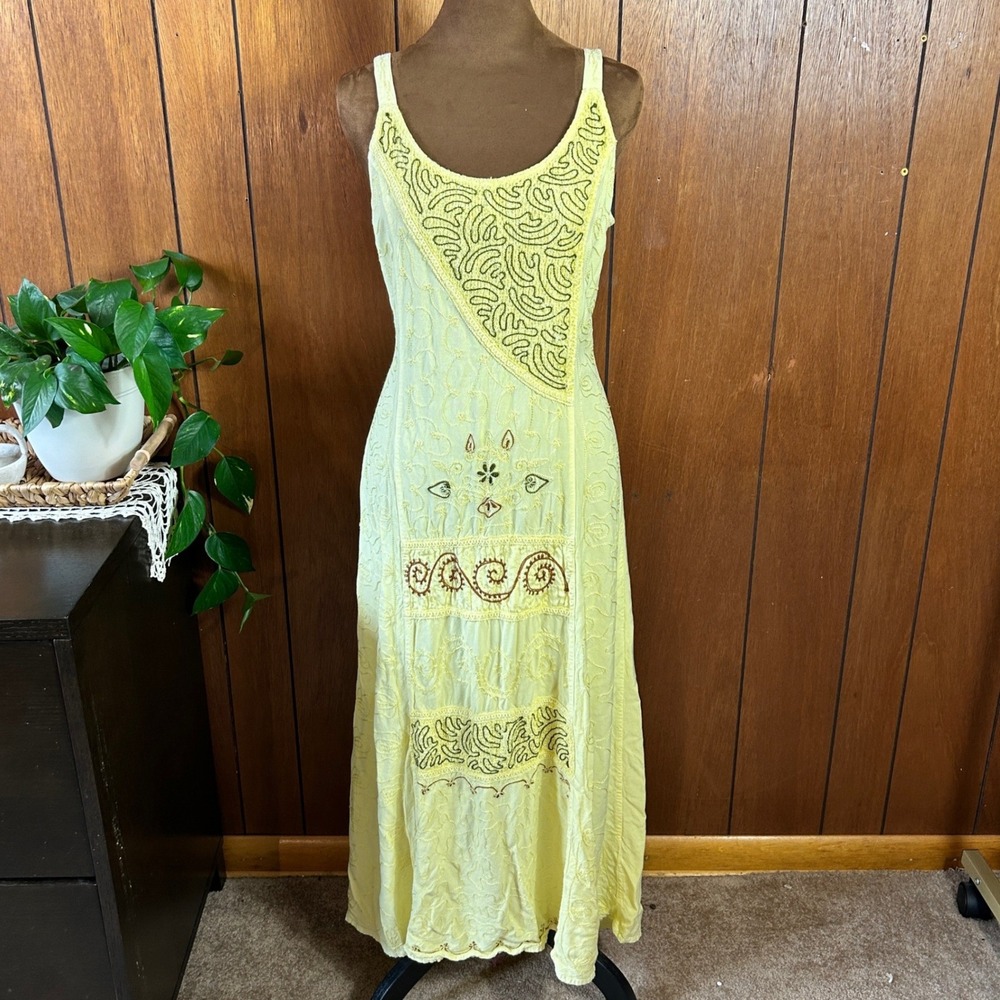 Vintage City Trends‎ Yellow Rayon Embroidered Tie Back Maxi Dress Size M